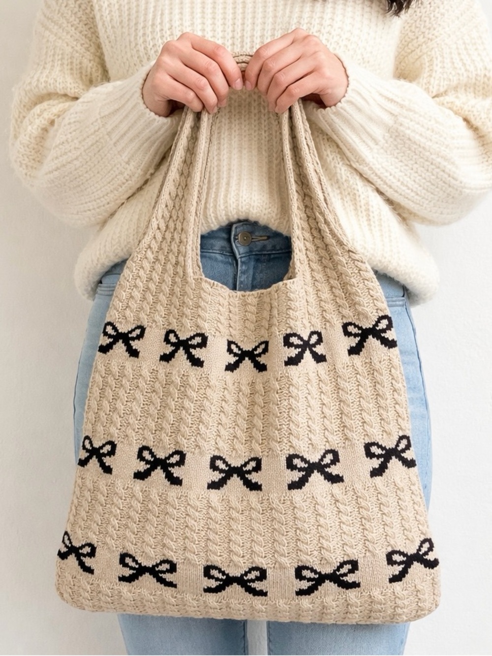 NEW Zenana Tan Knit Bow Tote Bag Cottagecore Coquette Shoulder Bag Neutral